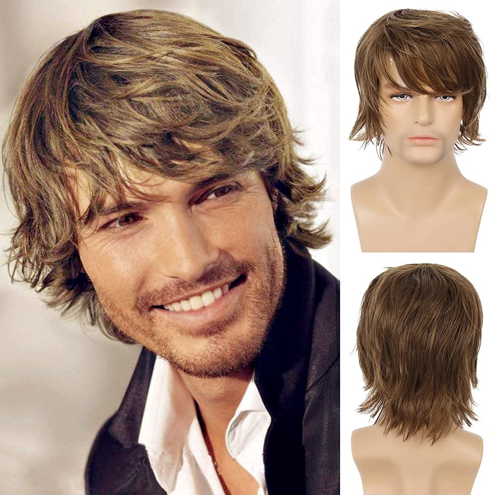 Qnbiar Men's Short Layered Fluffy Wig - Light Brown Natural Synthetic Halloween Cosplay Hair for Male — image 1
