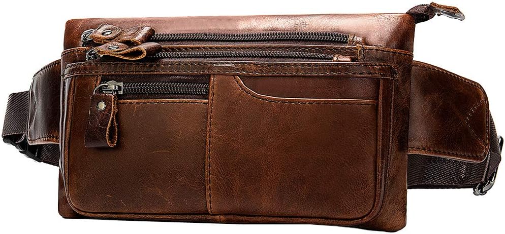 Xieben Vintage Leather Fanny Waist Pack Bum Bag for Men Women Travel Hiking Running Hip Belt Slim Pouch Cell Phone Purse Wallet Brown