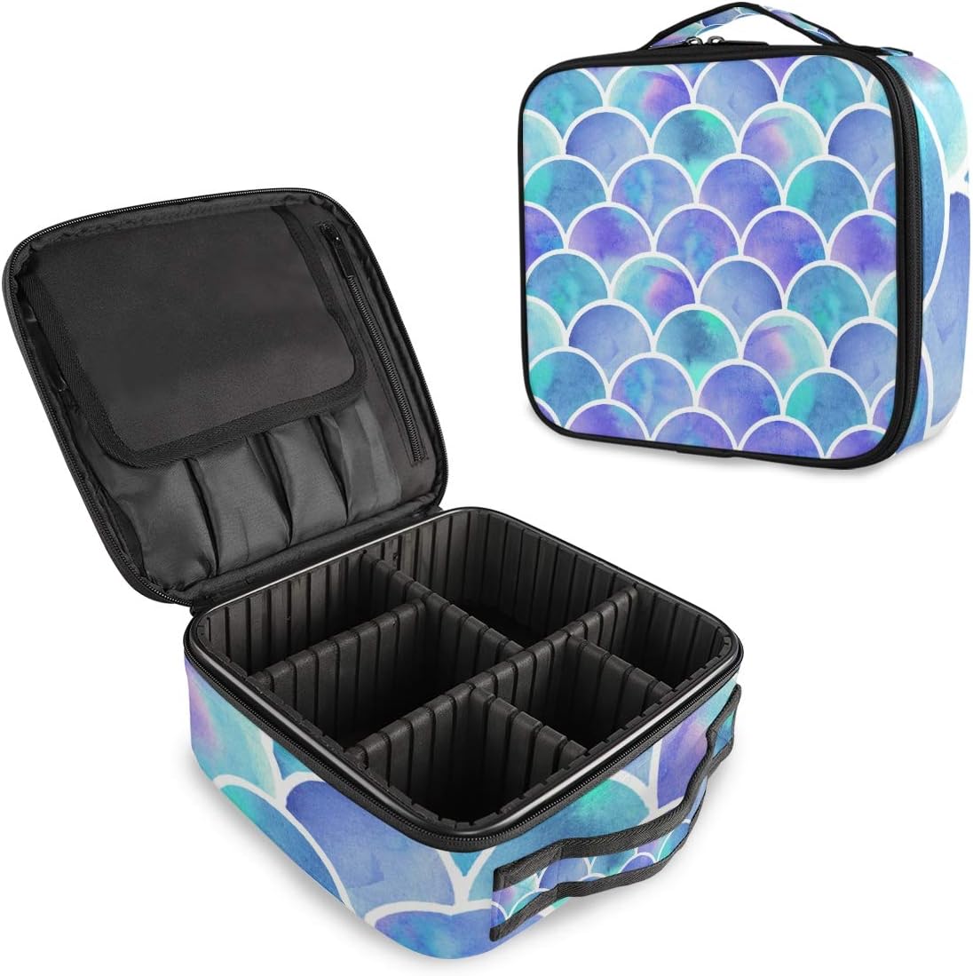 Travel Makeup Bag, Makeup Bag Organizer, Makeup Travel Case, Cute Makeup Bag Large with Adjustable Dividers Mermaid Scale Blue