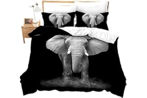 FEELYOU Elephant Duvet Cover Set Queen Size, Wild Animal and the Vivid 3D Animal Decorative Black Grey Comforter Cover Set 3 Pieces Bedding Set with 2 Pillow Sham, Zipper, Exotic Style theme Bedspread Cover