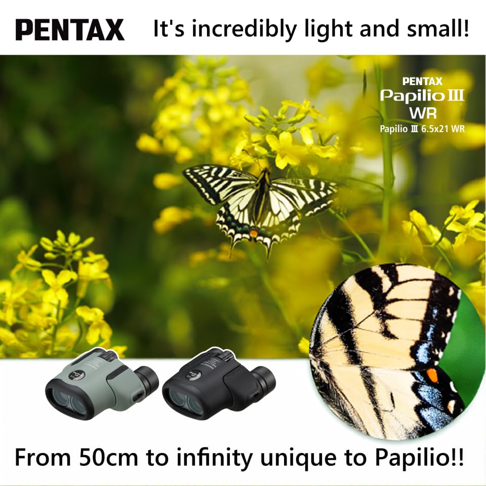Pentax Papilio III Binoculars, 6.5 x 21 Weatherproof, Black, Close Focus 50 cm, Splashproof, Museum, Outdoor, Nature, Live Sports, HD Coating