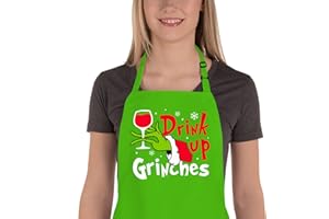 Saukore Funny Christmas Baking Apron for Women Men, Novelty Holiday Kitchen Cooking Aprons with 2 Pockets, Cute Xmas Gifts for Bakers Mom Wife Husband Girlfriend - Drink Up Grinches