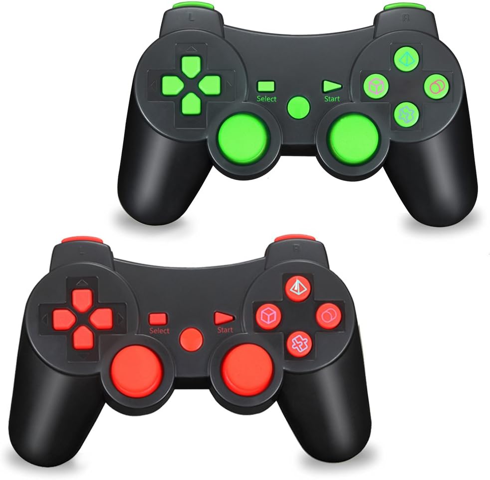 TPFOON Wireless Controller Dual Shock Gamepad for Sony PS3, SIXAXIS Joypad Remote for Sony Playstation 3 DualShock 3 - Charge and Play Cable Included (Green + Red)