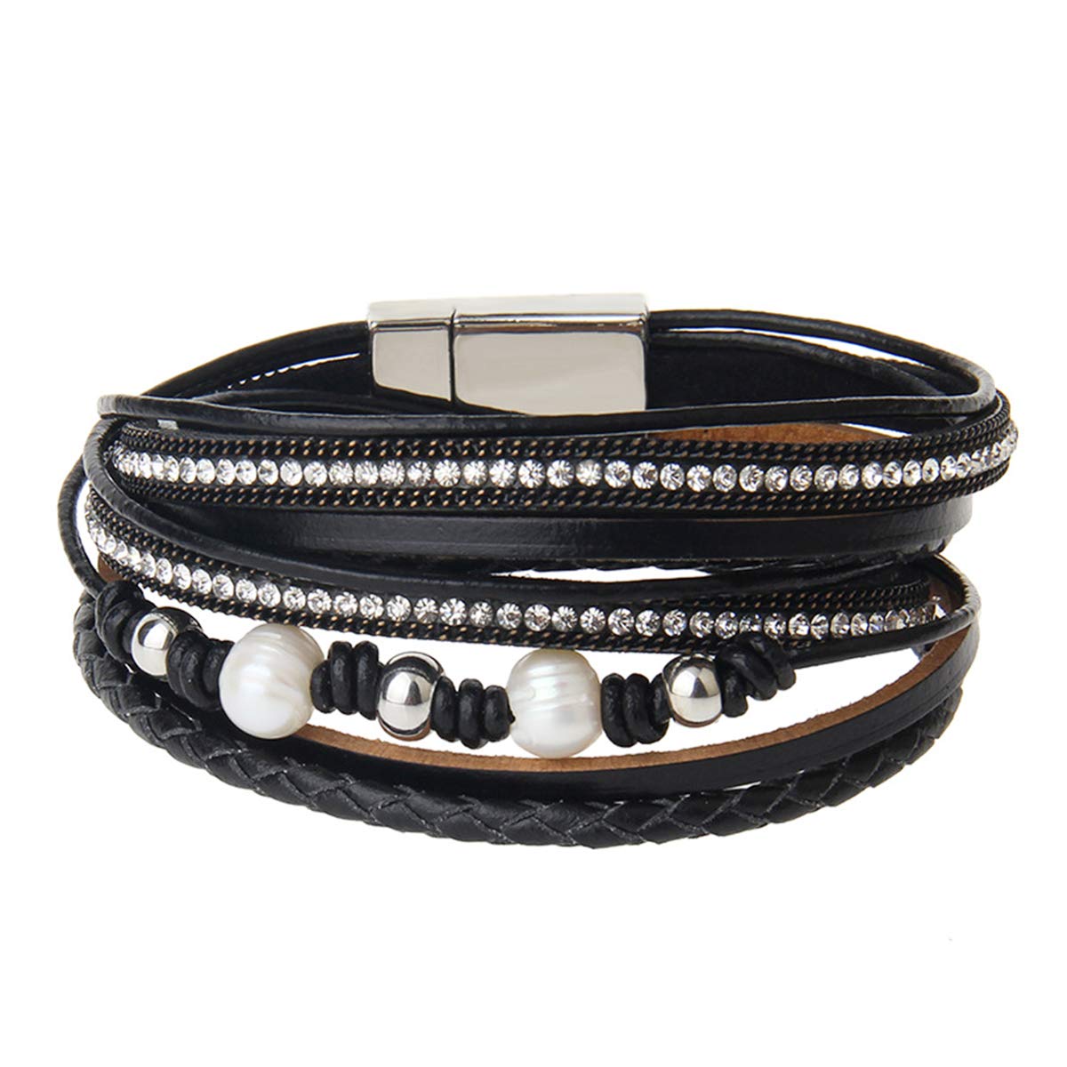 LOVANS Leather Wrap Bracelet Multi Rope Handmade Alloy Bangle Magnetic wrap Clasp Bracelet Pearls for Women Gifts Unisex