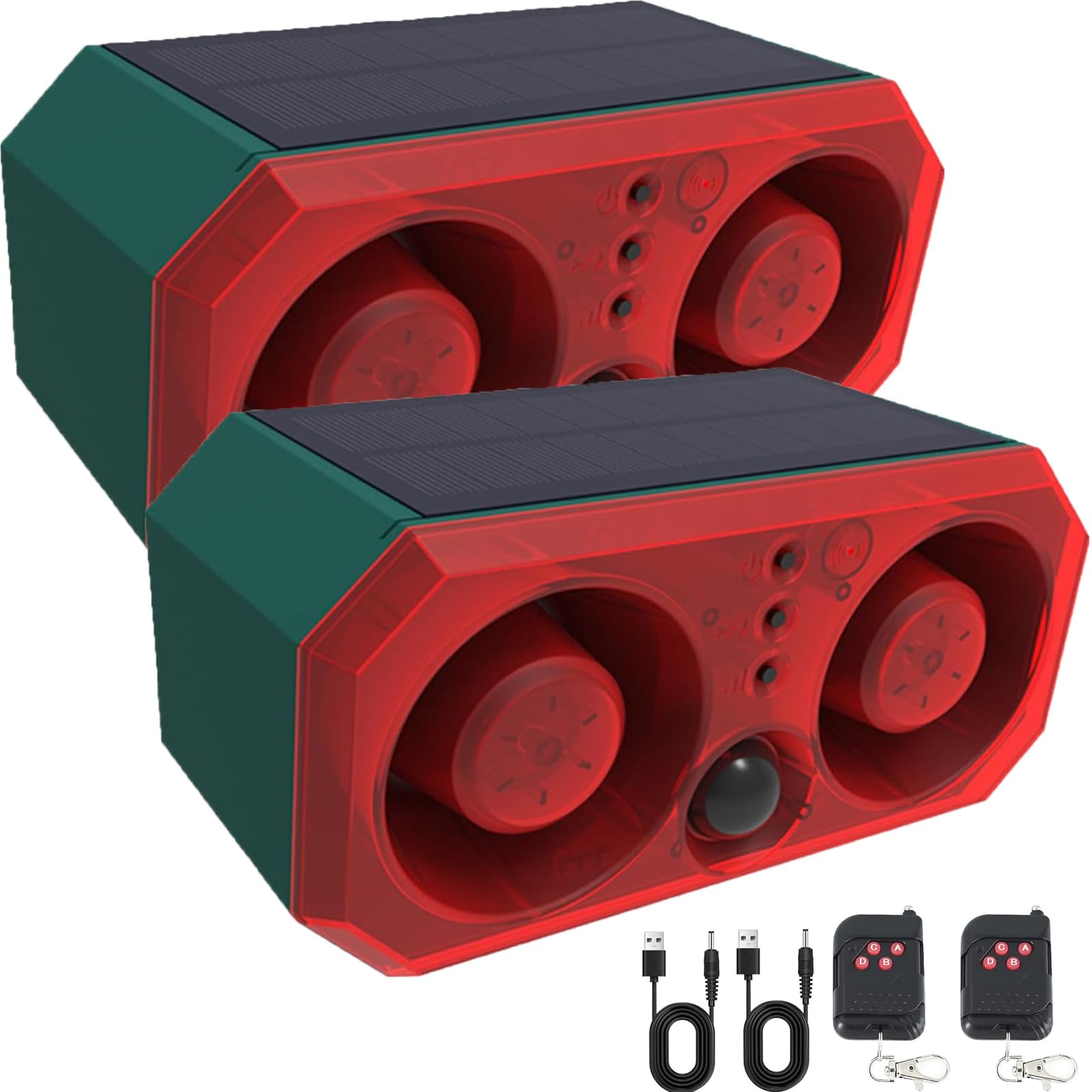 Solar Outdoor Motion Sensor Alarm with 13Sounds,KINGCOO 130db Dual Speaker Gunshot Dog Barking Sound Recording and Adjustable Volume Warning Security Strobe Light for Farm Yard Orchard Barn (2PCS)