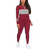 Hakubeby Two Piece Sets for Women Long Sleeve Striped Crewneck Slim Fit Active Sweatsuits Spring Fall 2025 Fashion Red Large