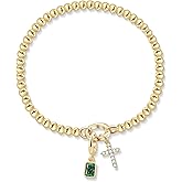 Free bird Cross Birthstone Bracelet | Dainty 14K Gold Plated Cross Charm Bracelet for Women | Stretchable Elastic Gold Beaded Bracelet | Stackable Trendy Birthstone Bracelet | Jewelry Gifts for Women