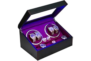 J&T TECHNOLOGY Watch Winders for Automatic Watches,Automatic Watch Winder with 4 Watch Rotator + 6 Extra Watch Storages, Automatic Watch Storage Case with LED Lights,Japanese Motor (Red Carbon Fiber Leather)