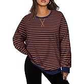 CARCOS Plus Size Tops for Women Crew Neck Striped Sweatshirt Long Sleeve Pullover Top Casual Color Block Shirts