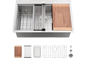 33 Inch Kitchen Sinks Drop In Workstation-VASOYO 33 x 22 Drop In Top Mount Kitchen Sink Stainless Steel 16 Gauge Deep Single Bowl Overmount Sink with Cutting Board