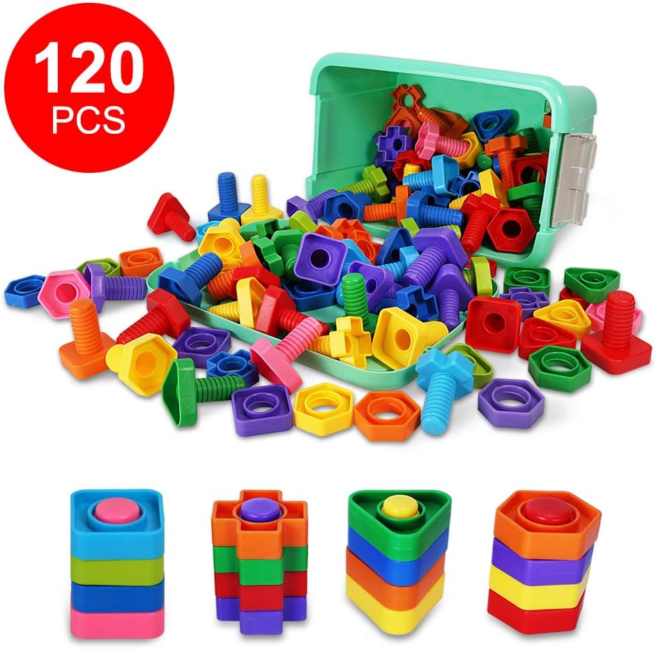 120 PCS Jumbo Nuts and Bolts Set with Storage Box 4 Shapes 9 Colors Matching Sorting Game Toy for Kids Toddlers Infants Age 1 2 3 Occupational Therapy Tool Promotes Fine Motor Skills