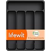 Lifewit Silverware Drawer Organizer Tray, Cutlery Storage for Kitchen | Plastic Flatware and Utensil Holder Divider for Spoons Forks Knives Tableware, 9.1 x 12.6", 5 Slots, Black
