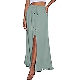 Orchidays Women's Maxi Skirt Flowy Summer Long Skirts Tie Elastic Waist Button Up Slit Front Dresses