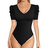 MANGOPOP Women's Bodysuit Deep V Neck Puff Short Sleeve Slim Fit Body Suits Casual Blouse Tops Elegant