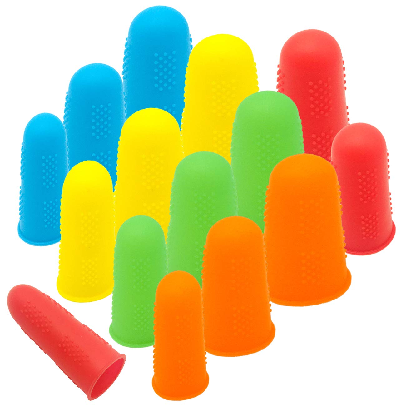 CKANDAY 15 Pack Silicone Hot Glue Gun Finger Caps, 5 colors Finger Guard Protectors or Hot Glue Wax Rosin Resin Honey Adhesives Scrapbooking Sewing in 3 Sizes-Red/Blue/Yellow/Orange/Green