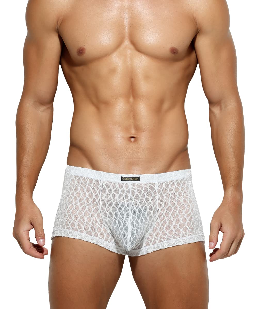 Photo 1 of Casey Kevin Men's Underwear Sexy See Through Lace Boxer Briefs Mesh Trunks, White-CK2133-US, Large