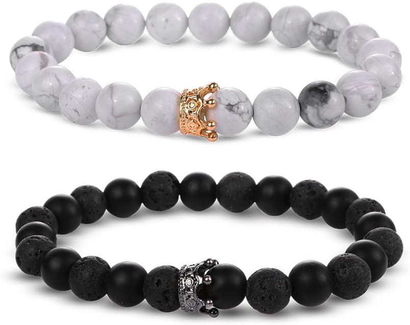 EnjoIt Couple Distance Bracelet Diffuser Beads Crown Queen Bracelets Matte Agate & White Howlite Lava Stone