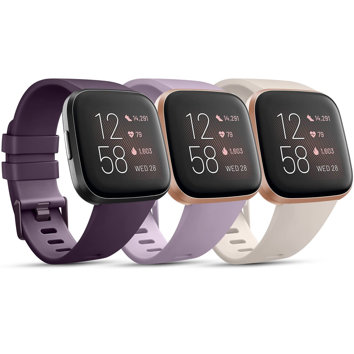 AK Pack 3 Straps Compatible with Fitbit Versa 2 Staps/Fitbit Versa Lite Strap/Fitbit Versa Strap for Women Men, Silicone Sport Replacement Compatible with Fitbit Versa 2(S,Starlight/Purple/Violet) — image 1