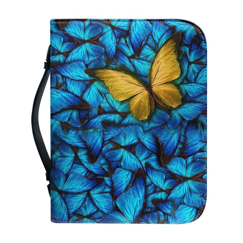 Garronmavis Butterfly Painting Bible Cover for Women, Blue Morpho Zippered Bible Carrying Case, Butterflies Art Bible Carrier - M