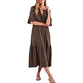 Mieazom Short Sleeves Maxi Dress for Women A Line Summer Dress V Neck Casual Loose Tiered Long Dresses with Pockets