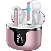 BHNYBWUL Wireless Earbuds, Bluetooth 5.3 Headphones Deep Bass Stereo Sound with ENC Noise Cancellation Wireless Headphones with 50H Playback and LED Display, IPX7 Waterproof Ear Buds Rose Gold