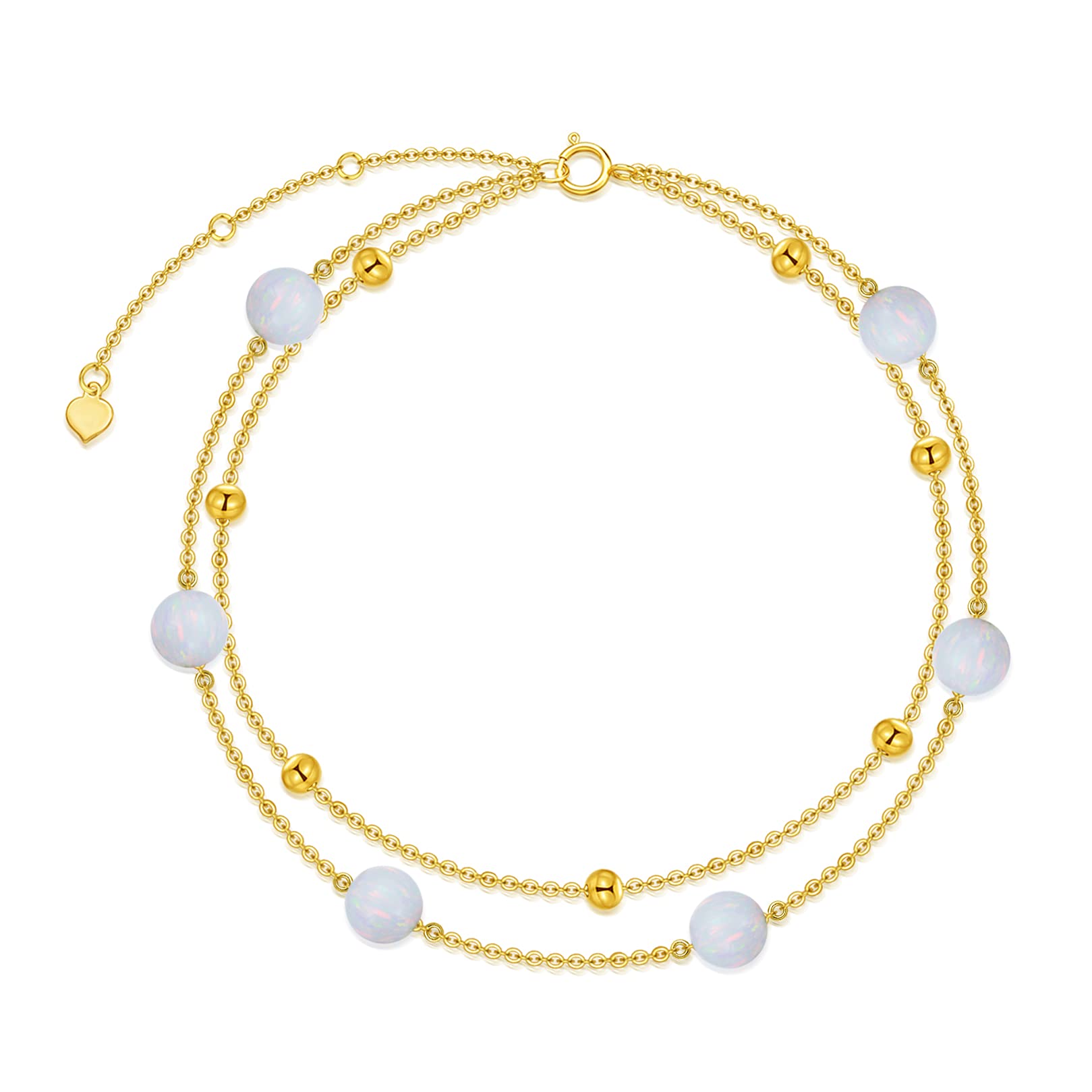 SISGEM 9 ct Gold Opal Anklet, Solid Yellow Gold Beaded Layered Anklet, for Women Girls Ladies Mum Sisters, 8"+1"+1"