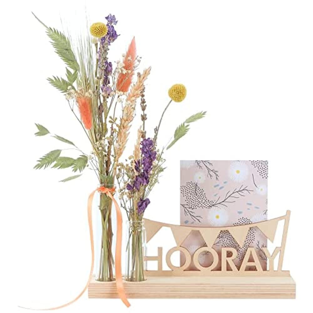 BloomPost Hooray Dried Flowers - Bouquet of dried flowers with 2 vases and wooden standard - Composed by our design team - Unique Letterbox Gift, Multicolour, L135
