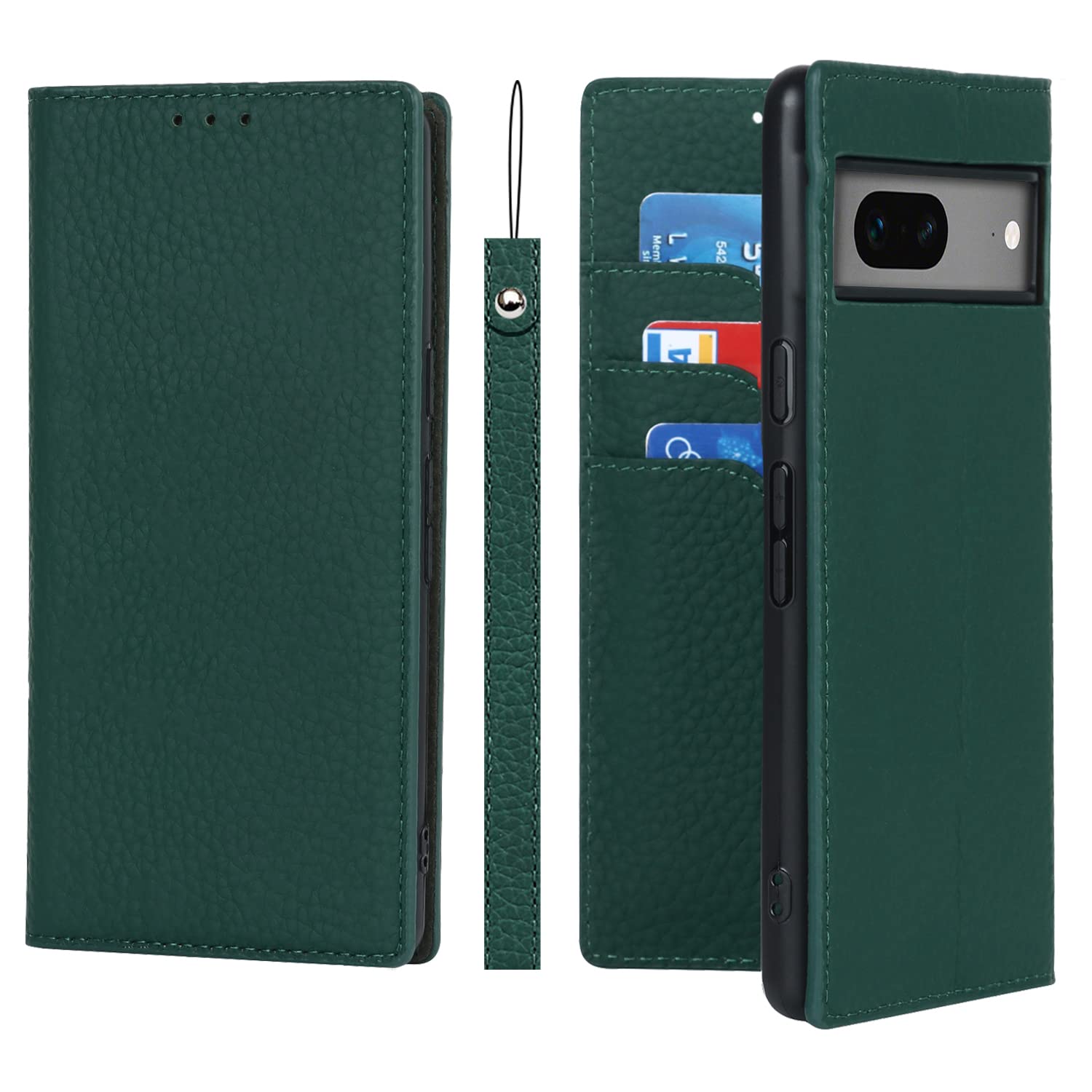 Cavor Phone Case compatible with Google Pixel 7A,Flip Genuine Leather Wallet Case,[3 Card Holders][Magnetic][RFID-Blocking][Mit Lanyard],Protective Case Cover - Dark Green — image 1