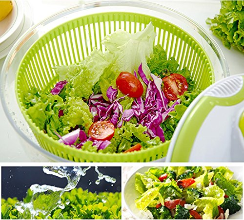 DenSan Multifunction Jumbo 4.5 Quart Salad Spinner, Manual Good Grips Vegetables Dryer Dry Off Drain Quick Filter Lettuce Spinner(Green)