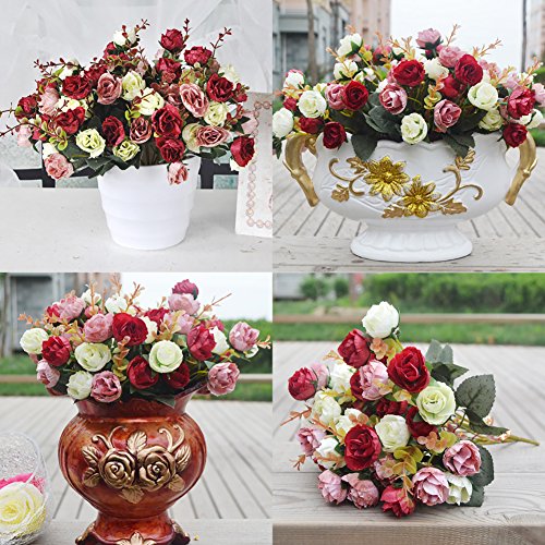 Hibery 7 Branch 21 Heads Artificial Fake Flowers Silk Rose Bouquet Wedding Home Office Floral Decor, Pack of 2 (White Pink) - Thumbnail 6