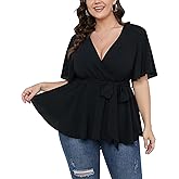 SCOMCHIC Women's Plus Size Short Sleeve V Neck Wrap Belted Ruffle Peplum Blouse Tops