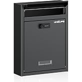 Uniclife Wall Mount Mailbox for Outside, Large Locking Mailbox, Black | Security Mail Box with Combination Lock, Safe Key Drop Box, Post Box, Steel Cash Drop Box for Home Office School