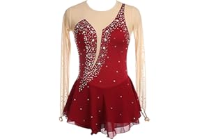 HAWFHH Figure Skating Dress, Women's High Elasticity Competition Skating Wear, Long Sleeve Shiny Rhinestones Dancewear