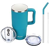 Zukro 24 oz Ceramic Lined Tumbler with Handle and Straw, No Metal Taste, Insulated Stainless Steel Coffee Mug with Spill Proof Lids for Home/Office, No Sweat, Keep Drinks Hot or Cold, Teal