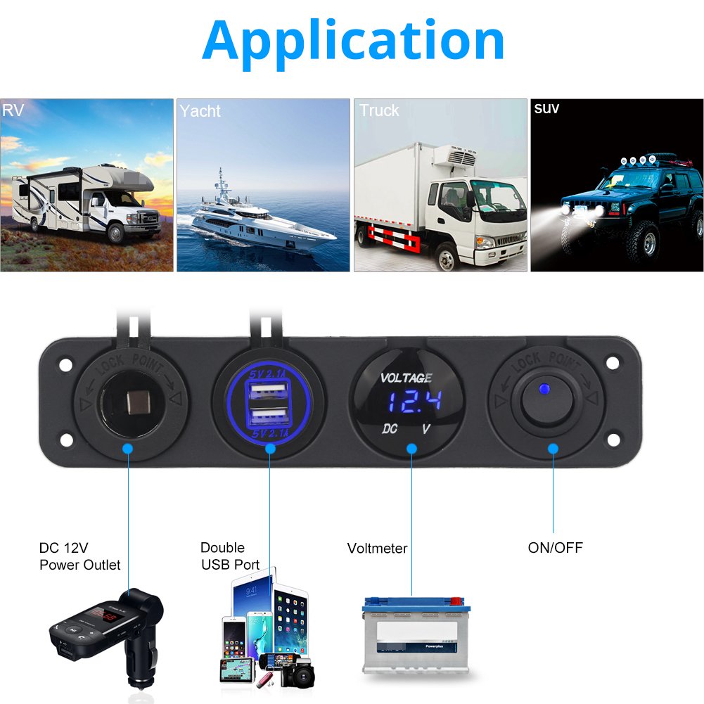 WATERWICH 2 3 4 Hole Marine Illuminated Toggle Rocker Switch Panel Waterproof Ignition Rocker Switch 12V-24V Volt Meter for RV Car Boat Trailer Vehicles Truck Yacht SUV (Two Hole Green)