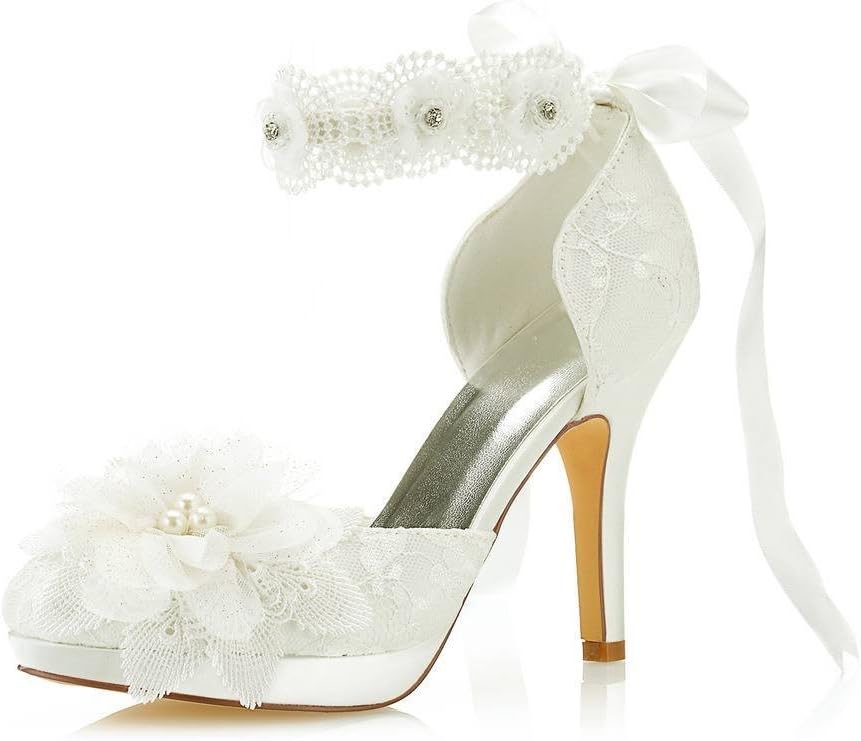 JIAJIA3703L Women's Bridal Shoes Closed Toe 3.9" Stiletto Heel Lace Satin Platform Pumps Satin Flower Ribbon Tie Wedding Shoes