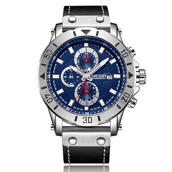 MEGIR Herrenuhr Sport Chronograph Lederband Quarzwerk Uhr Wasserdicht Lässige Uhr Armbanduhr für Herren