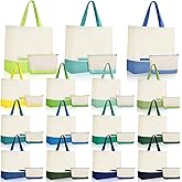 Sanwuta 30 Pcs Canvas Tote Bags Bulk with Zipper Cosmetic Pouch 18.5" Reusable Cotton Shopping Bag with Handle for DIY Craft (Teal-beige)