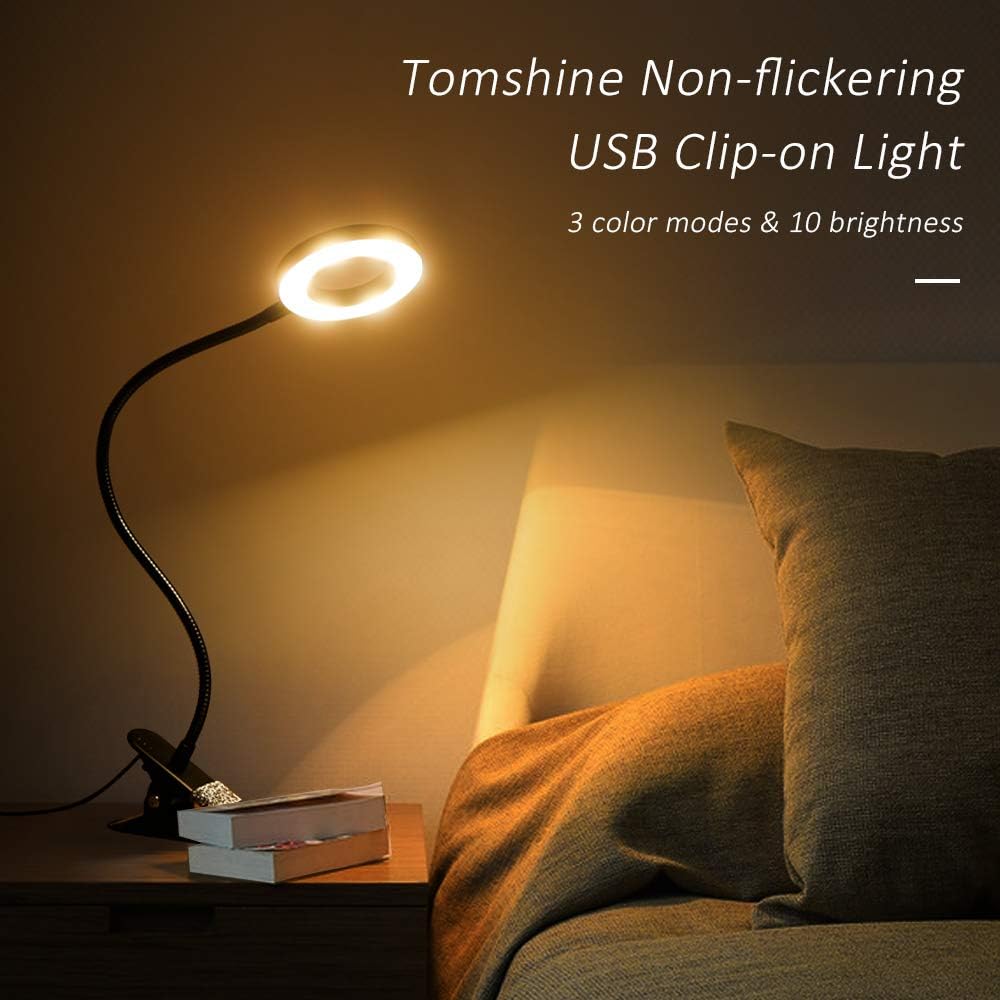 Tomshine Book Light, Metal Clip on Light with 3 Colors, 10-Level Brightness Reading Lamp with Clip for Desk, Bed - - 