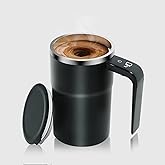Self Stirring Coffee Mug 12.8 oz with Spill-Proof Lid & LED Display Handle, 316 Stainless Steel Auto Magnetic Mixing Cup Rechargeable, Valentine's Day Gift for Her, Men and Women (Matte Black)