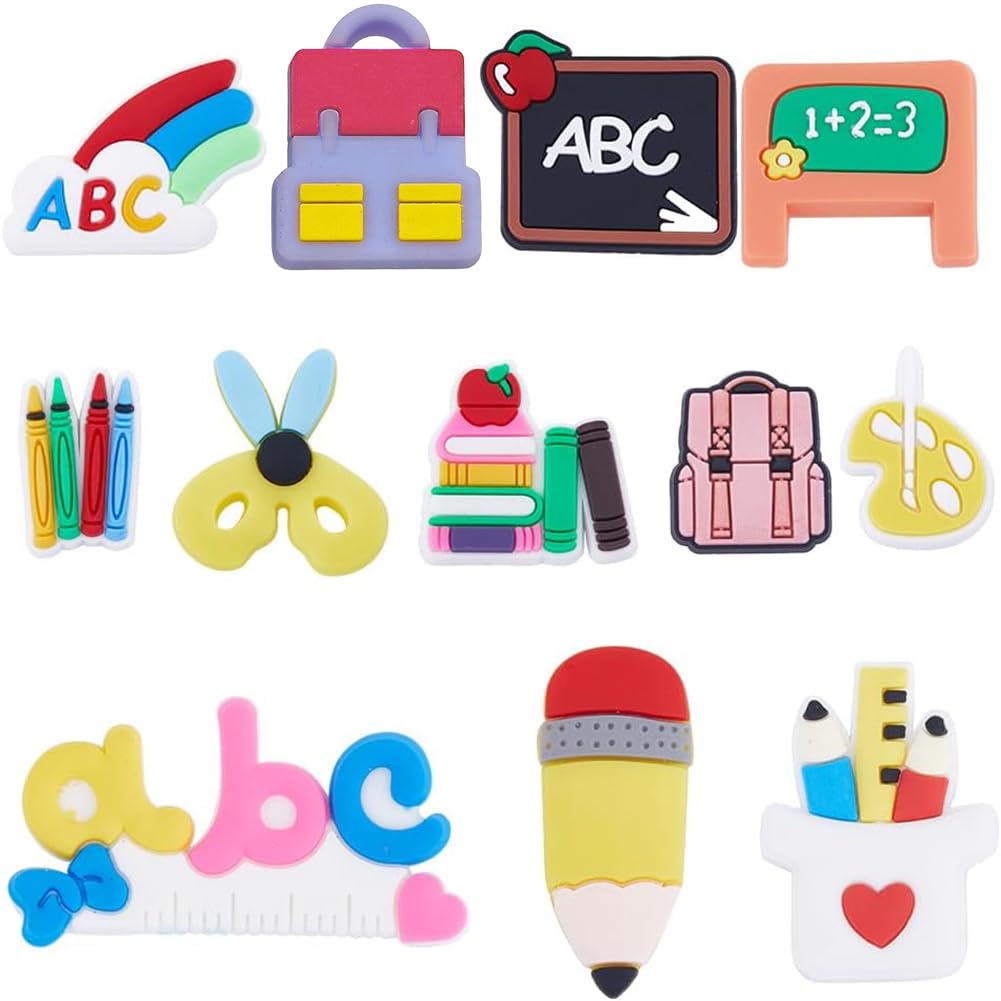 SUNNYCLUE 72Pcs School Shoe Charms Teacher Shoe Charms Bulk Flat Back PVC Shoe Charm Chalkboard Letter ABC Scissors Flatbacks Pencil Backpack Shoe Decoration Charms for DIY Crafts Phone Case Ornament