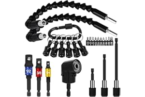 GREDNFHAT Flexible Drill Bit Extension Set, Hex Shank Bit Holder Keychain, 105°Right Angle Drill Attachmen, 3pcs 1/4 3/8 1/2" Hex Socket Adapter, 3pcs Drill Bit Holder Extension, Screwdriver Bit Kit (Black)