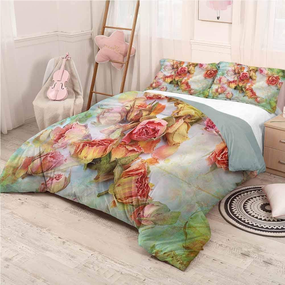prunushome Rose 3-Piece Quilt Set Duvet Cover Dried Petals Nostalgia Lightweight 3 Piece Bed Sets