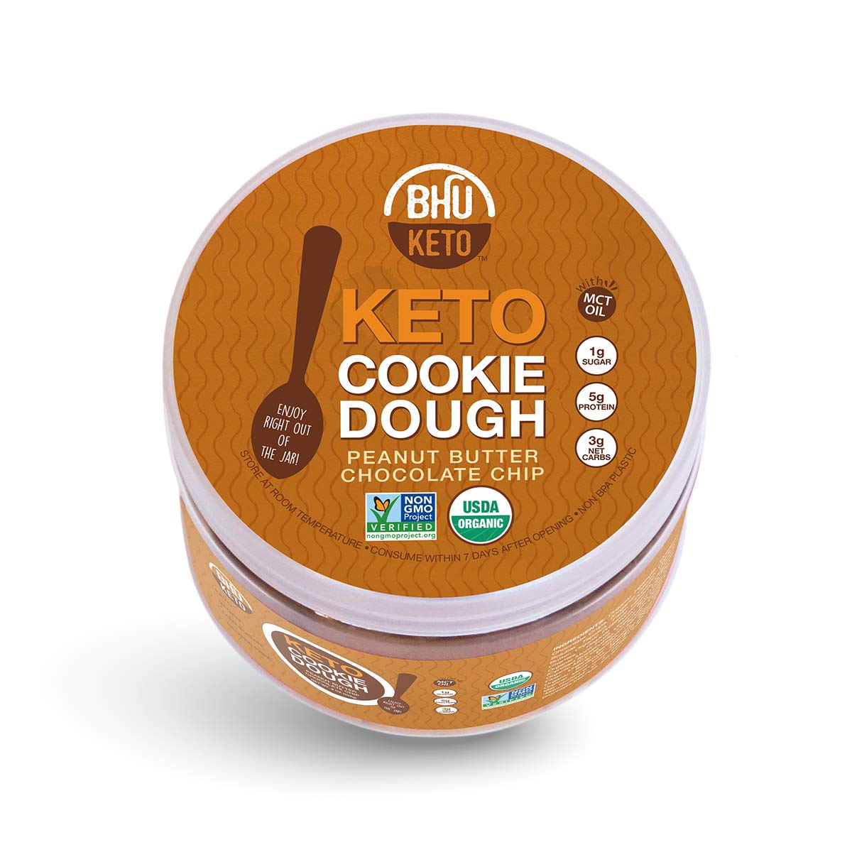 BHU Keto Protein Cookie Dough in a Jar, Peanut Butter Chocolate Chip - Organic & Vegan Snack - Clean Ingredient Dessert which are Low Carb & Low Sugar, Grain & Gluten Free, Dairy-Free, Non-GMO (9 oz)