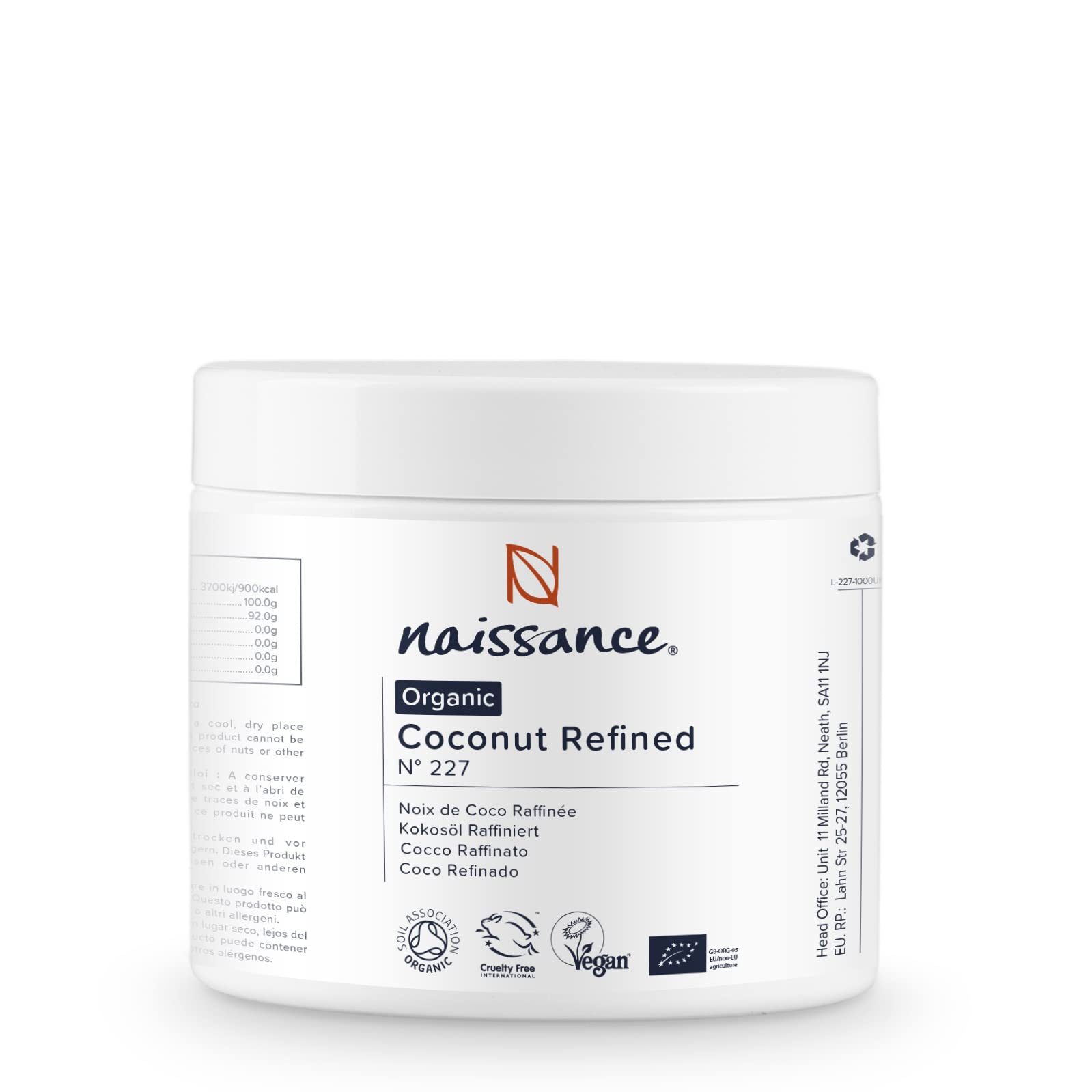 Naissance Organic Refined Coconut (Solid) Oil (No. 227) 250g - Pure, Natural - Moisturising & Hydrating for Aromatherapy, Skin, Hair, DIY Beauty