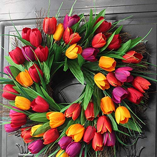 UNIE 50cm Artificial Tulip Flower Wreaths, Spring Silk Wreath Tulip Door Wreath for Easter Wedding Decor