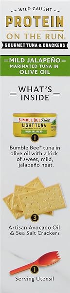 BUMBLE BEE PRIME PROTEIN ON THE RUN TUNA SNACK KIT – GOURMET TUNA MARINATED IN OLIVE OIL & MILD JALAPENO WITH CRACKERS AND SERVING UTENSIL – 20G OF PROTEIN PER SERVING