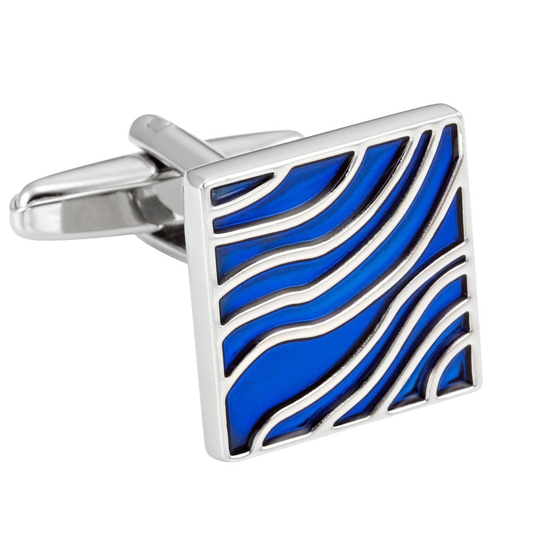 Cool Cufflinks for Men Blue Waves Enamel Design on Stainless Steel