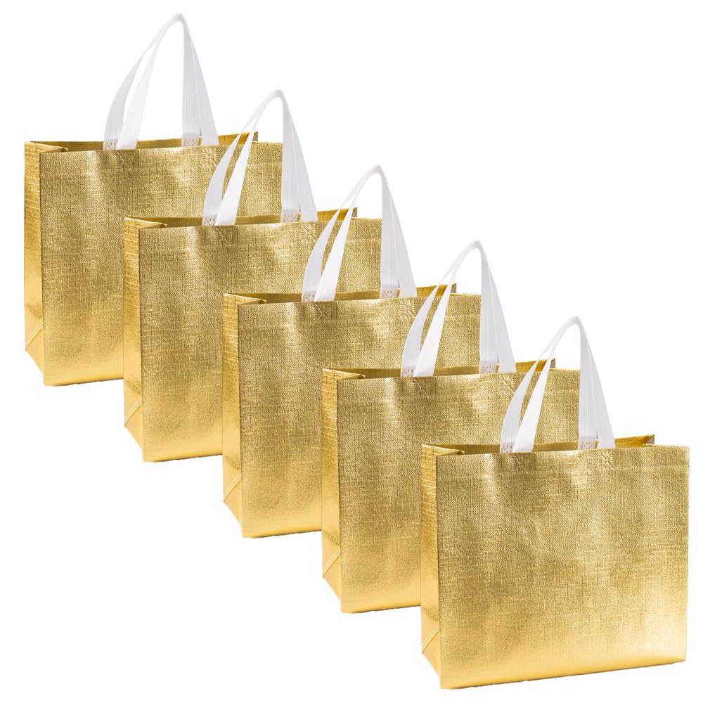 Aoktorkit 5Pcs Yellow Gift Bags,Reusable Grocery Bags with Gold Tissue Paper,Non-Woven Reusable Shopping Tote Bags-32x12x28cm