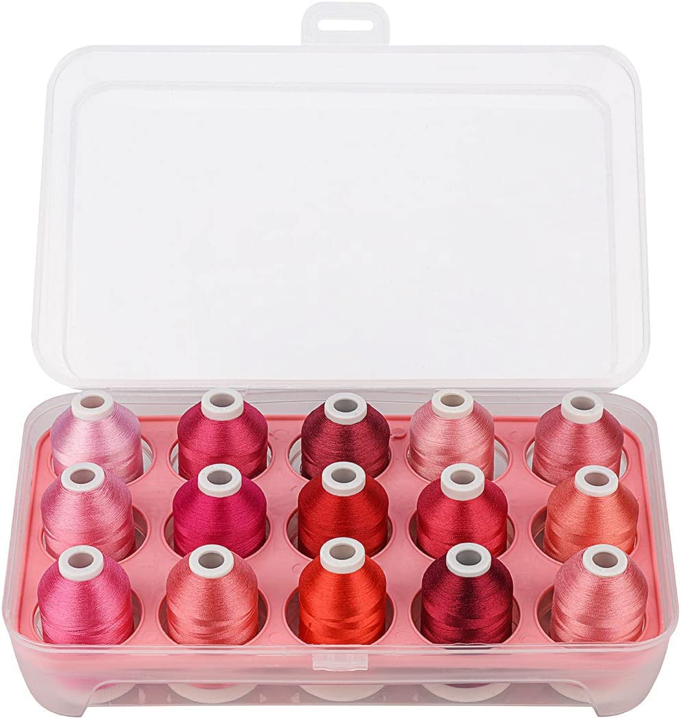 Simthread Polyester Machine Embroidery Thread 1000M with Storage Box 15 Colours Set for Embroidery Quilting Machine - Pink